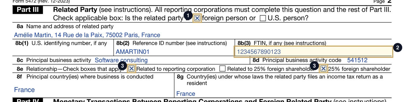 Form 5472, Part III : la partie liée (vous, de nouveau)