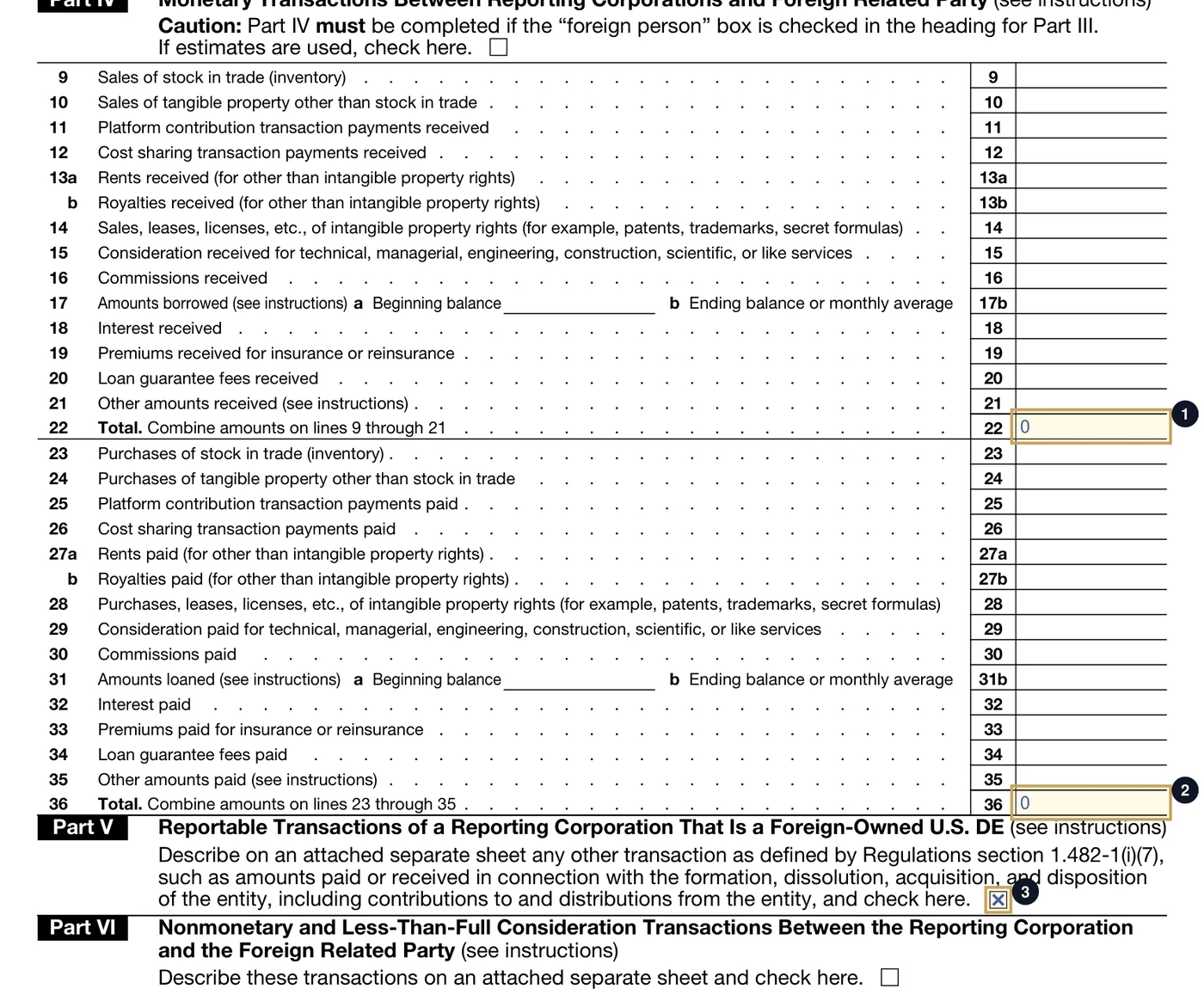 Form 5472, Parts IV et V