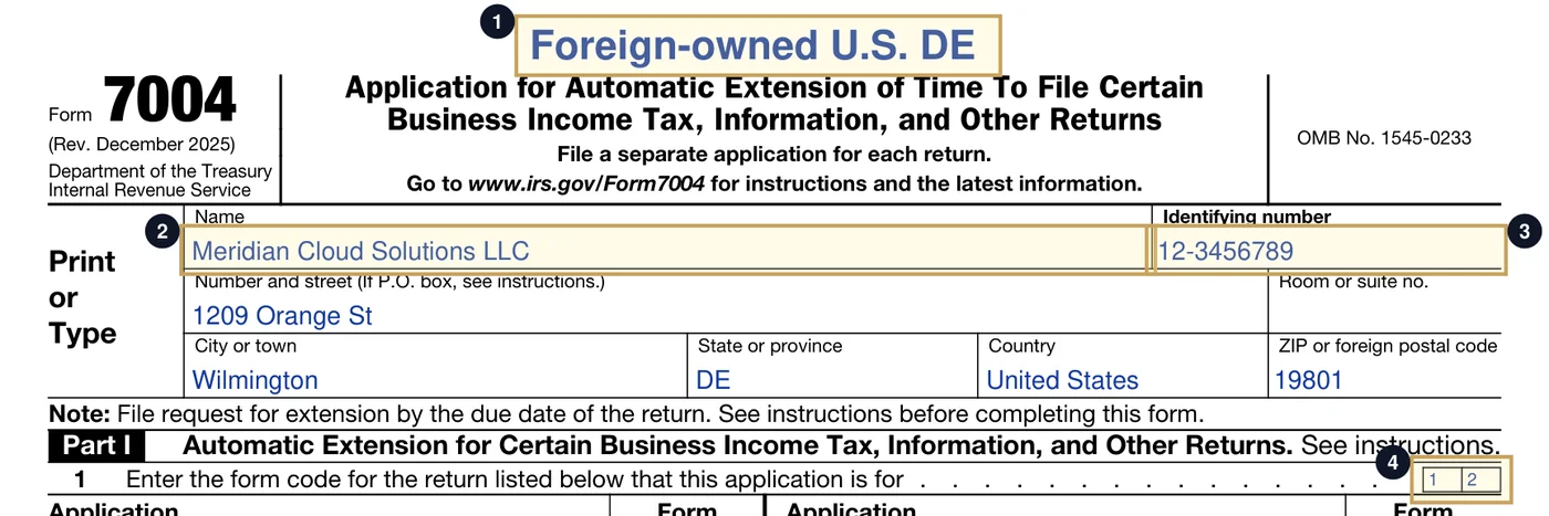 Form 7004, haut de la page 1