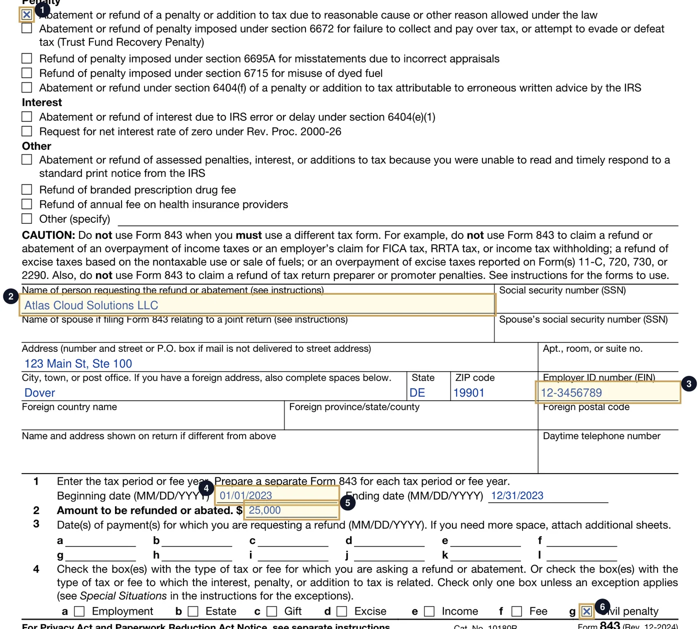 Form 843 (Rev. December 2024), page 1, for Jean's 2023 penalty
