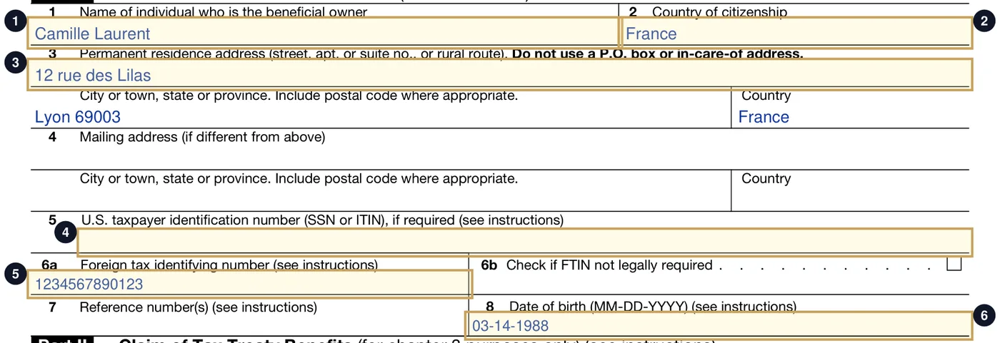 Form W-8BEN (Rev. octobre 2021), Part I, rempli pour l'exemple de Camille Laurent